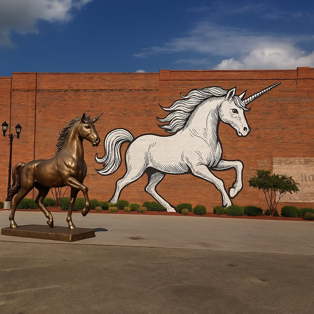 Concept illustration of a bronze unicorn statue beside a unicorn mural