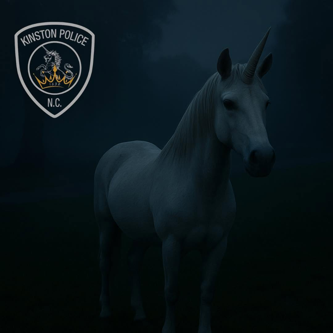 Moody unicorn illustration with a Kinston Police patch graphic